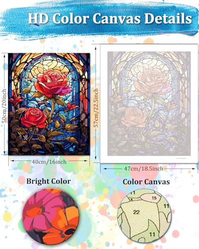 TOCARE Stained Glass Paint by Numbers kit for Adults Beginner Red Rose Paint by Number Canvas, Simple Oil Painting Paint by Numbers for Adults Flowers 16x20inch - color: Stained Glass Rose