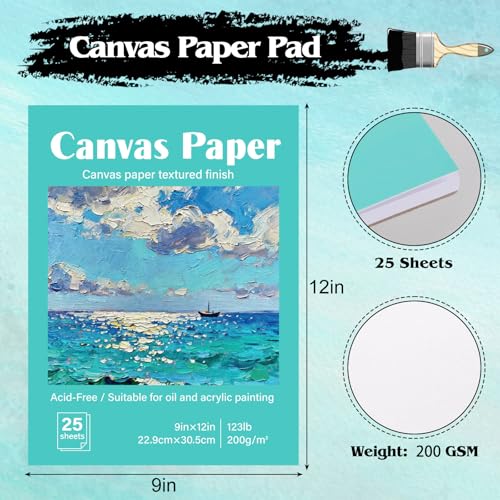 Prudiut 25 Sheets Canvas Paper Pad 9x12 Inches, 180GSM Canvas Sheets Glue Bound Canvas-Textured Surface for Acrylic Oil Painting - Studio Painting Adults Kids Classroom Projects Students Art Hobbyists