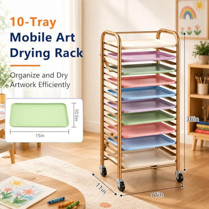 LEIFIDE Mobile Art Drying Rack with 10 Colorful Tough Trays, Paint Rack with 4 Wheels, Large Capacity Classroom Painting Organizer, Metal Frame, for Kids, School & Art Studio