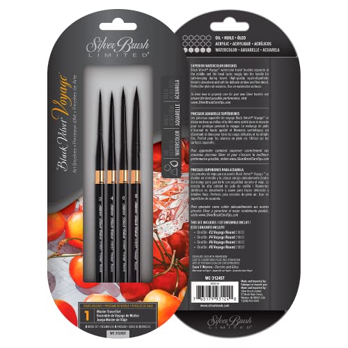 Silver Brush Limited WC-3124ST Black Velvet Voyage Master Travel Set for Watercolor, Gouache, Inks, & Dyes, Set of 4, Sizes 2, 4, 6, and 8 Round Paintbrushes, Short Handle - color: Black, size: 4 Pc