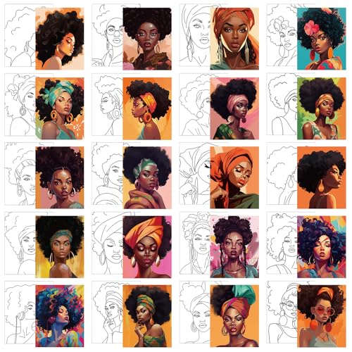 Sherr 20 Pcs Stretched Pre Drawn Canvas African American Canvas to Paint Afro Queen Black Art for Painting for Adults Outline Pre Drawn Stretched Cotton Art to Paint Party Set, 8 x 10 - style: Vivid