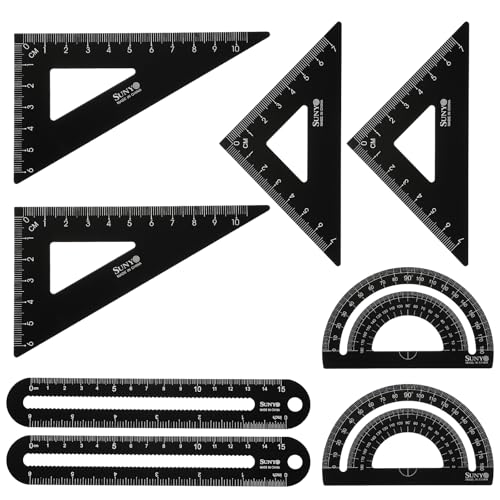 HARFINGTON 8pcs Triangular Ruler Set 15cm/6" Aluminum Alloy Straight Geometric Protractor Triangle Engineering Scale Drafting Ruler Kit Measuring Drawing Tool for Classroom Office Home, Black - color: Black
