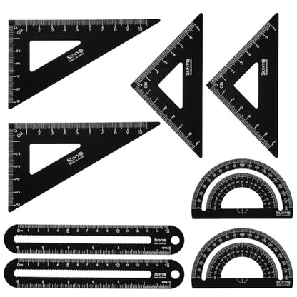 HARFINGTON 8pcs Triangular Ruler Set 15cm/6" Aluminum Alloy Straight Geometric Protractor Triangle Engineering Scale Drafting Ruler Kit Measuring Drawing Tool for Classroom Office Home, Black - color: Black