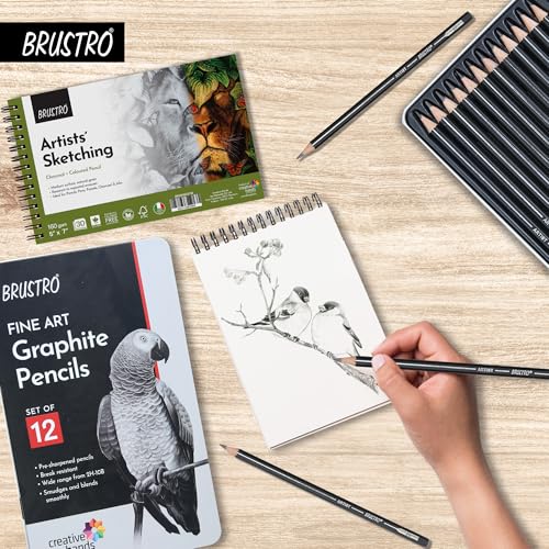 Brustro Sketching Wiro Pad,5x7 inches,160 GSM,30 Sheets with Graphite Pencil Set of 12 (10B–2H) Tin Box. Sketch and Drawing Gift - style: Graphite Pencil + 5x7 Sketchbook