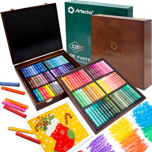 Artecho Oil Pastels Set of 120 Colors Wooden Box (10 x 70 mm) | Soft Oil Pastels, Art Painting, Drawing, Blending, Ideal Gift Choice - style: 120 Colors Gift Set