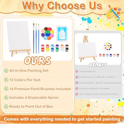 24 PCS Acrylic Paint Set, 2Pack Art Canvas with Easel Stand, 12 Acrylic Paints, 14 Brushes, Palettes, Aprons -Beginner Painting Kit, Mini Painting Canvas with Easel Set, Painting Kits for Adults Party - color: Vibrant Colors-2 pack