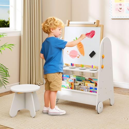 INFANS Easel for Kids with Stool, 4-in-1 Double-Sided Adjustable Magnetic Chalkboard with Paper Roll, Bookshelves, Wheels, Wooden Standing Painting Drawing Art Board for Boys Girls - style: White