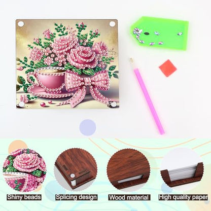 JISHSHAY 2 PCS Diamond Art Note Box Flower Diamond Painting Note Pad Holder Tea Cup Gem Painting Gem Art Memo Boxes Mosaic Kits for Adults Embroidery Kit Memo Pad Holder, Contains 120 Sheets of Paper - color: Flower 1