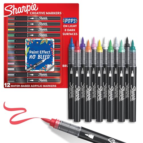 Sharpie Creative Markers, Water-Based Acrylic, Brush Tip, Assorted Colors, 12 Count – Arts & Crafts, Kids Activity, School Classroom; Works on Paper, Metal, Wood, Ceramic, Glass, Rock, Canvas - size: 12 Count, style: Brush Tip