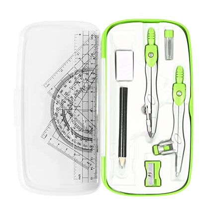 Vobou Math Geometry Kit Sets 10 Piece Student Supplies with Shatterproof Storage Box,Includes Rulers,Protractor,Compass,Eraser,Pencil Sharpener,Lead Refills,Pencil,for Drafting（Green） - color: Green