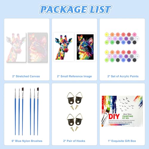 KEYIFA 2 Pack Paint by Numbers Kit, Stretched Canvas Boards for Painting for Adults, Crease-Free Acrylic Oil Painting for Students Favor Sip & Paint Party Supplies, Giraffe + Colourful Cat (8x12in)