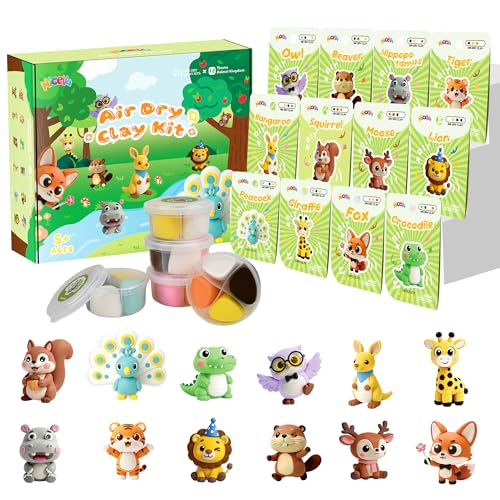 Nicella Air Dry Clay Kit, 12 Animals Modeling Clay for Kids, Model Magic Clay with Sculpting Tools and Tutorials, Safe & Non-Toxic, DIY Arts & Crafts School Projects, Home Party Favors for Boys Girls - color: Clay animals kingdom