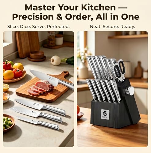 imarku 14-Piece Knife Set with Block, One Set for Meat, Fish, Veggies & Bread, Glides Through Every Cut, High Carbon Stainless Steel with Built-in Sharpener, Dishwasher Safe, utility knives - color: Black, size: 14 Pcs