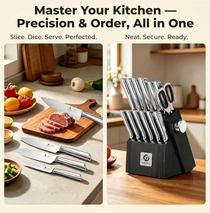imarku 14-Piece Knife Set with Block, One Set for Meat, Fish, Veggies & Bread, Glides Through Every Cut, High Carbon Stainless Steel with Built-in Sharpener, Dishwasher Safe, utility knives - color: Black, size: 14 Pcs