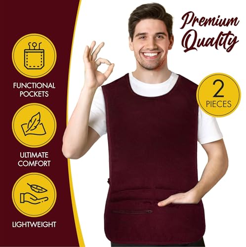 5 Pockets Cobbler Aprons for Women Men (Pack of 2) – Zipper Pocket Smock Apron - color: Burgundy, size: X-Large
