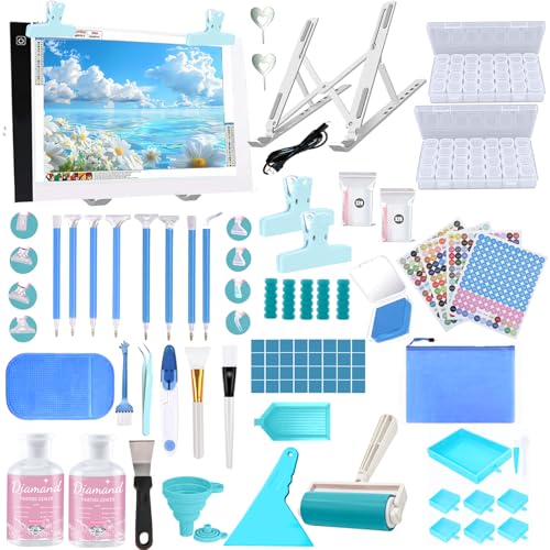 DNSGOOR 186Pcs All Inclusive Diamond Art Accessories Kit Diamond Painting A4 LED Light Pad Set with Diamond Art Sealer Glue Stand Storage Case Pens 5D Painting Tools for DIY Drill Craft - color: Blue, size: A4
