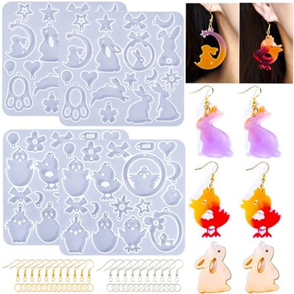 15 Pairs Easter Resin Molds for Earrings, Easter Bunny Earring Molds Silicone Egg Resin Epoxy Casting Ornament Silicone Molds with 200pcs Earring Hook for Keychain Jewelry Pendant DIY Craft Supplies - color: Easter 4pcs