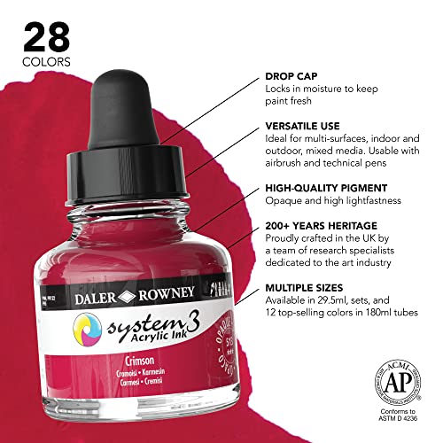 Daler-Rowney System3 Acrylic Ink Bottle Crimson 29.5ml - Versatile Acrylic Ink for Artists and Students - Opaque Calligraphy Ink for Drawing Illustrating Airbrushing Dip Pen Ink and More