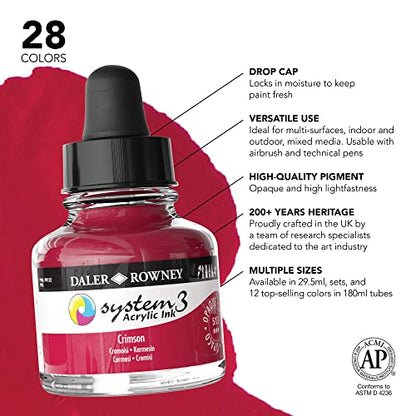 Daler-Rowney System3 Acrylic Ink Bottle Crimson 29.5ml - Versatile Acrylic Ink for Artists and Students - Opaque Calligraphy Ink for Drawing Illustrating Airbrushing Dip Pen Ink and More