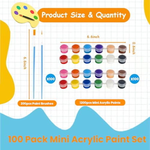 1400Pcs Mini Acrylic Paint Set, 100 Sets 12 Colors Washable Acrylic Paints Bulk with 200 Paint Brushes, Small Painting Strips Kit for Beginners Students Adults Craft Party