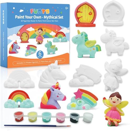 Funto Paint Your Own Unicorn Painting Kit, Arts and Crafts Set, STEAM Project Creative Activity DIY Toys, with 6 Figurines, 6 Paint Pots, 1 Brush - color: Unicorns, size: Ornament