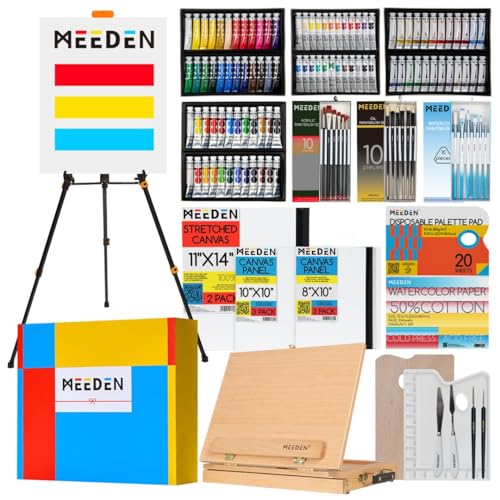 MEEDEN Professional Art Supplies - 142PCS All-in-one Painting Kits for Adults, Beechwood Easel, Aluminum Alloy Bracket, 30 Quality Brushes, 96 Paints & Other Professional Art Supplies. - size: 142pcs