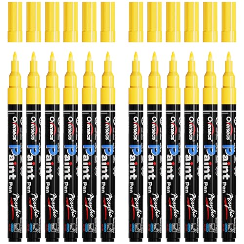 Overseas Paint Markers Pens - Yellow Permanent Markers Acrylic Paint Pens 12 Pack, Water Based, Waterproof, 0.7mm Extra Fine Tip Acrylic Marker for Wood, Metal, Rock, Plastic, Glass, Canvas, Fabric - color: Yellow