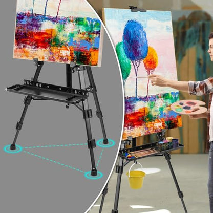 Art Easel Aluminum Alloy Portable Extendable Easel with Hand Crank Adjustable to 61.8 '' Drawing Board Holder, Compass, Level and Storage Bag -for Artists, Painters, Sketching, Outdoor Painting - style: Black