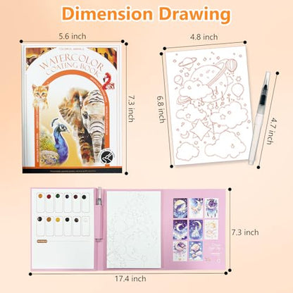 2-Pack Watercolor Painting Books for Adults & Beginners - All-in-One Creative Stress Relief Art Kit with 3-Fold Pad, 32 Pre-Printed Pages, 24 Colors & 2 Brushes (Animal + Starry Fairyland) - color: Animal + Starry Fairyland