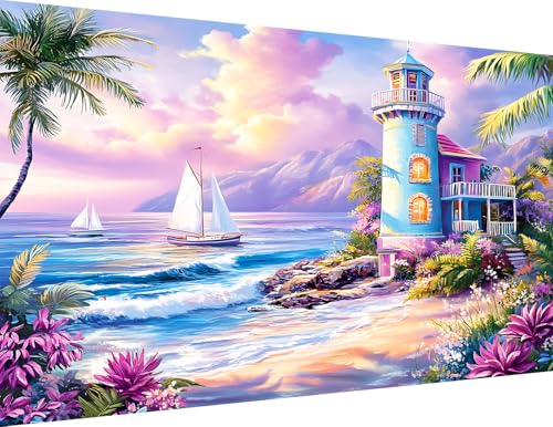 igoodom Large Diamond Painting, Large Beach Lighthouse Diamond Art Kits for Adults, Full Drill Round Big Diamond Painting, DIY Gem Art and Crafts for Home Wall Decor Gift 27.5 X 15.7inch - color: MZ1476