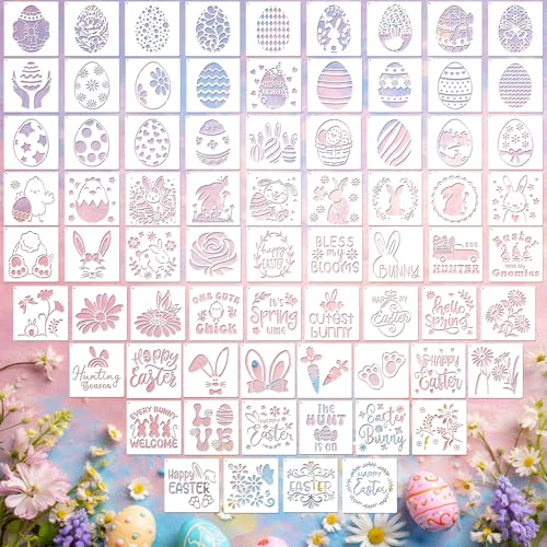 Marspark 72 Pcs Small Stencils for Crafts Reusable 3 Inch Stencils for Painting on Wood DIY Craft Paint Template for Wall Home Decor Card Rock Canvas Drawing Holiday (Bunny Egg) - style: Bunny Egg