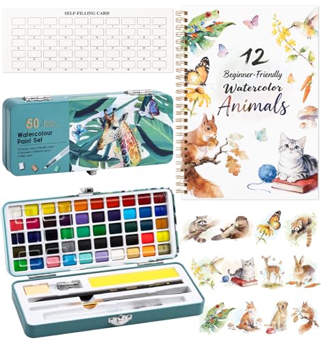 Watercolor Workbook Animals, Water Coloring Book, 12 Different Patterns of Original DIY Designs, 50 Colors Watercolor Paint Set with Palette and Brush, Beginner-Friendly Watercolor Workbooks (Animals) - color: Animals
