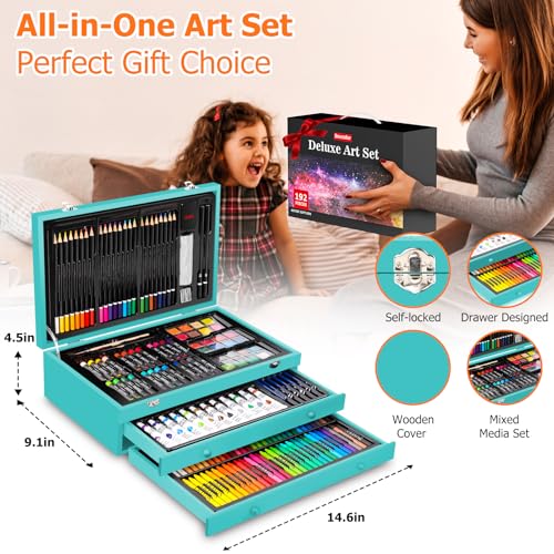 Soucolor Art Supplies, 192-Pack Deluxe Art Set Drawing Painting Supplies Art Kit with Acrylic Pad, Watercolor Pad, Sketch Book, Canvases, Acrylic Paint, Crayons, Pencils, Gifts for Artists Adults - color: Teal