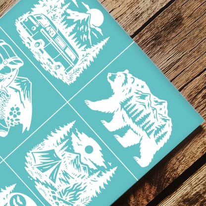 2 Sheets Outdoor Camping Silk Screen Stencil, Shoes Bag Car Bear Forest Reusable Mesh Stencil Self-Adhesive Silk Screen Printing for Wall Border Wood Fabric Home Craft Decor - style: Outdoor Camping