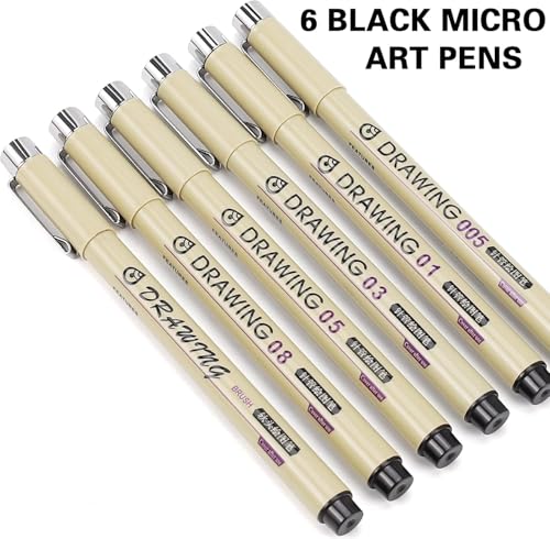 Black Fineliners Set of 6 – Waterproof Pigment Pens for Mandala Art, Calligraphy, Doodling, Architecture, Sketching, Writing & Outlining for Artists & Professionals