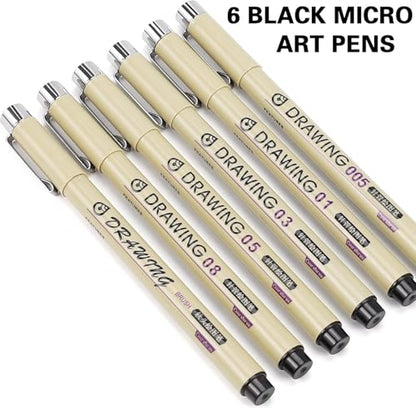 Black Fineliners Set of 6 – Waterproof Pigment Pens for Mandala Art, Calligraphy, Doodling, Architecture, Sketching, Writing & Outlining for Artists & Professionals