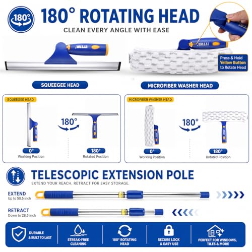 ITTAR Window Squeegee Cleaning Kit with 60" Extension Pole, Rotatable Glass Cleaner Tool 12" Rubber Blade & 2 Microfiber Pads, Window Washing Equipment for High Windows, Shower Doors, Car Windshield