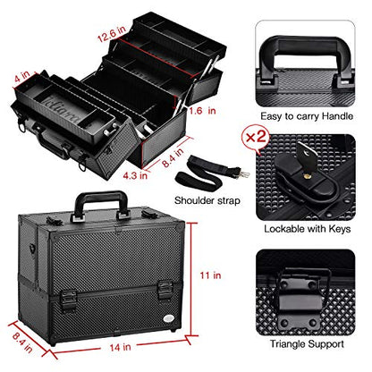 Joligrace Makeup Train Case Professional Adjustable - 6 Trays Cosmetic Cases Makeup Storage Organizer Box with Lock and Compartments 14 Inch Large Black - color: 3.Black