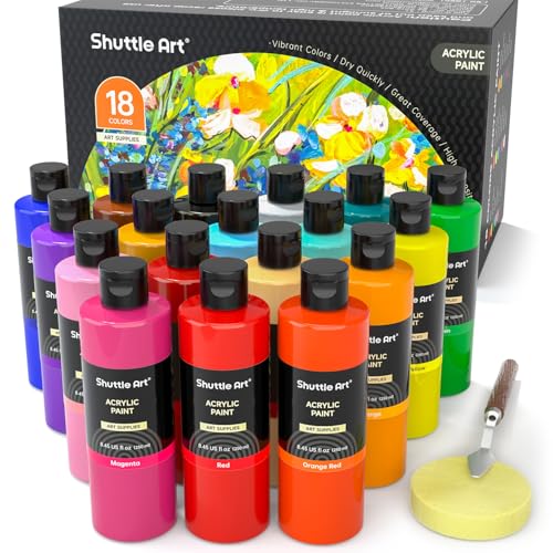 Shuttle Art 18 Colors Acrylic Paint Bottle Set (250ml/8.45oz), Rich Pigmented Bulk Painting Supplies for Artists, Beginners and Kids on Rocks Crafts Canvas Wood Ceramic - color: 18 Colors, size: 8.45 Fl Oz (Pack of 18)