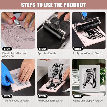 Bobblebro Linocut Kit for Printmaking with Black Ink, 12 Soft Rubber Blocks, Brayer, Carving Tools and Transfer Papers for DIY Art Projects