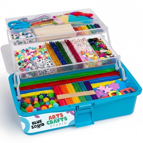 Blue Squid Arts & Crafts Box (Blue)- 2800+ pcs Deluxe Craft Supplies Box, 2 Drawers, 18 Compartments, Sturdy Handle - Art Crafting Kit Birthday Gifts for Kids, School Supply for Ages 4-12 - color: Blue