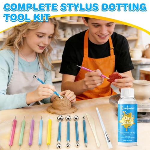 12PCS Dotting Tools Set, Clay Sculpting Tools with Double-Sided Ball Tips & 1.7OZ Air Dry Clay Glaze for Rock Painting, Pottery Embossing, Canvas Drawing & Clay Modeling Kit for Artists and Crafters