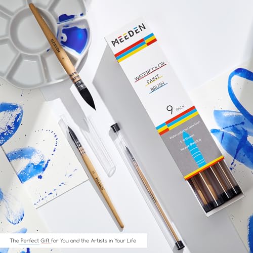 MEEDEN Watercolor Brushes Professional - 9 Pack Synthetic Squirrel Hair Artist Paint Brushes Set with Beech Wood Handle Great for Artists Hobbyists - size: Set - 9 Count
