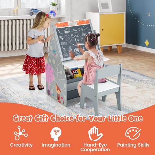 HONEY JOY Kids Art Easel, Wooden Double-Sided Toddler Table & Chair Set w/Adjustable Magnetic White Board & Chalkboard, Bookshelf & Storage Bin, Arts & Crafts, Kids Art Table for Boys Girls (Gray) - color: Gray