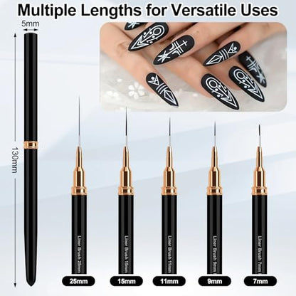 MUIIGOOD Nail Art Liner Brushes, 5Pcs Liner Brush For Nails, Painting Nail Art Brush Set Dotting Drawing Tool for Long Lines, Thin Details, UV Gel Polish Painting, Fine Drawing 7/9/11/15/25mm(Black) - color: Black
