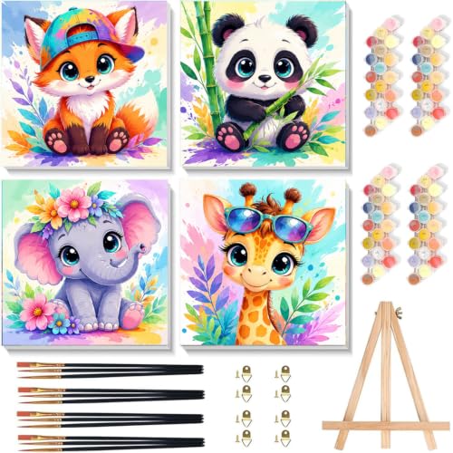 Arttoplus 4 Pack Paint by Numbers Kit for Kids with Frame, Cute Animals Kids Paint by Numbers Ages 4-8-12 with Wooden Easel,Easy Oil Painting by Number for Gift Home Wall Decor(8x8 inch) - color: BKH2716+BKH2717+BKH2718+BKH2719-US