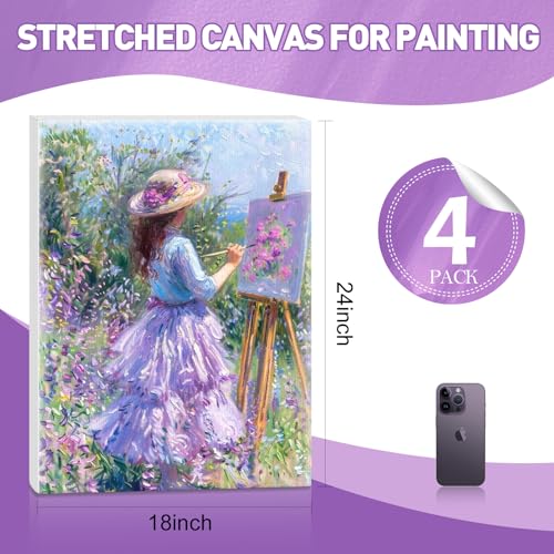 FUMILE Canvas for Painting 18x24, 4 Pack Large Stretched Canvas for Painting-5/8 in Profile Primed White Blank Painting Canvas Value Pack for Oil & Acrylic Paint - size: 18x24IN
