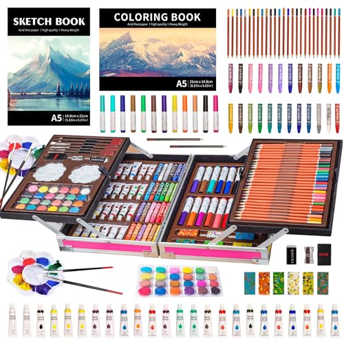 KINSPORY Art Set, 139 Pack Painting Drawing Art Supplies Kit with 2 Sketch Pads, Double Layers Art Crafts, Colored Pencils, Oil Pastels, Watercolor Paints, Aluminum Gift Case for Artists Kids (Pink) - color: Pink