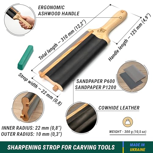 BeaverCraft LS5P1 Wood Carving Strop Wood Carving Gouge Hook Knife Sharpening Honing Tools Strop Stropping Kit Leather Paddle Strop Spoon Carving Tools Sharpening Kit Sharpener with Polishing Compound