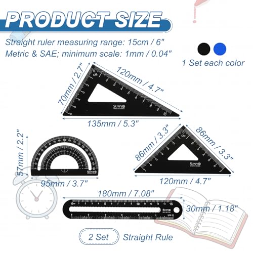HARFINGTON 8pcs Triangular Ruler Set 15cm/6" Aluminum Alloy Straight Geometric Protractor Triangle Engineering Scale Drafting Ruler Kit Measuring Drawing Tool for Classroom Office, Blue/Black - color: Blue/Black